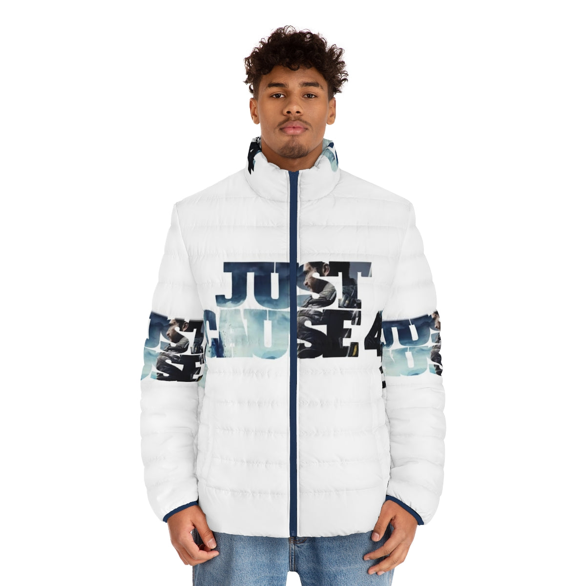 "Just Because You're Better Than Me" puffer jacket, featuring a music-inspired design for a trendy, urban look. - men front