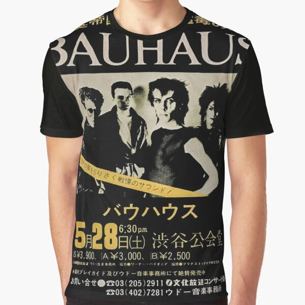 Bauhaus inspired graphic t-shirt with band logo and typography