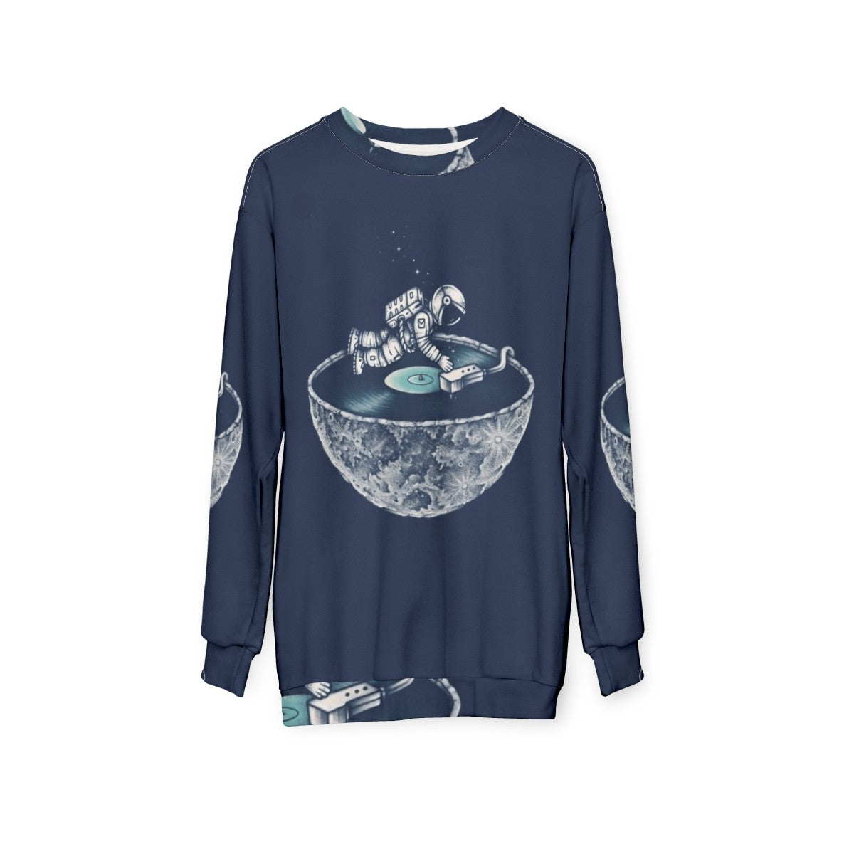 Cosmic Space Tune Sweatshirt with Astronaut and Vinyl Music - hanging