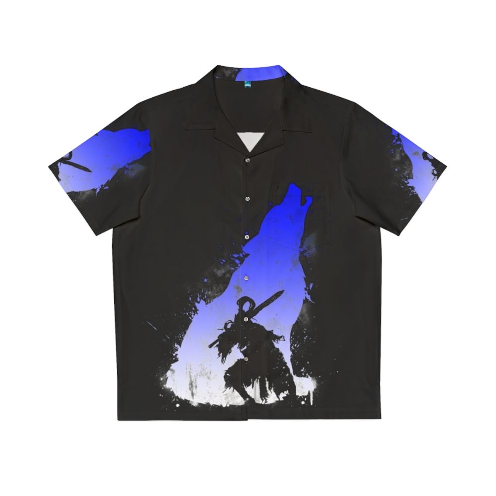 Dark Souls inspired blue and white Hawaiian shirt with The Walker Of Abyss design