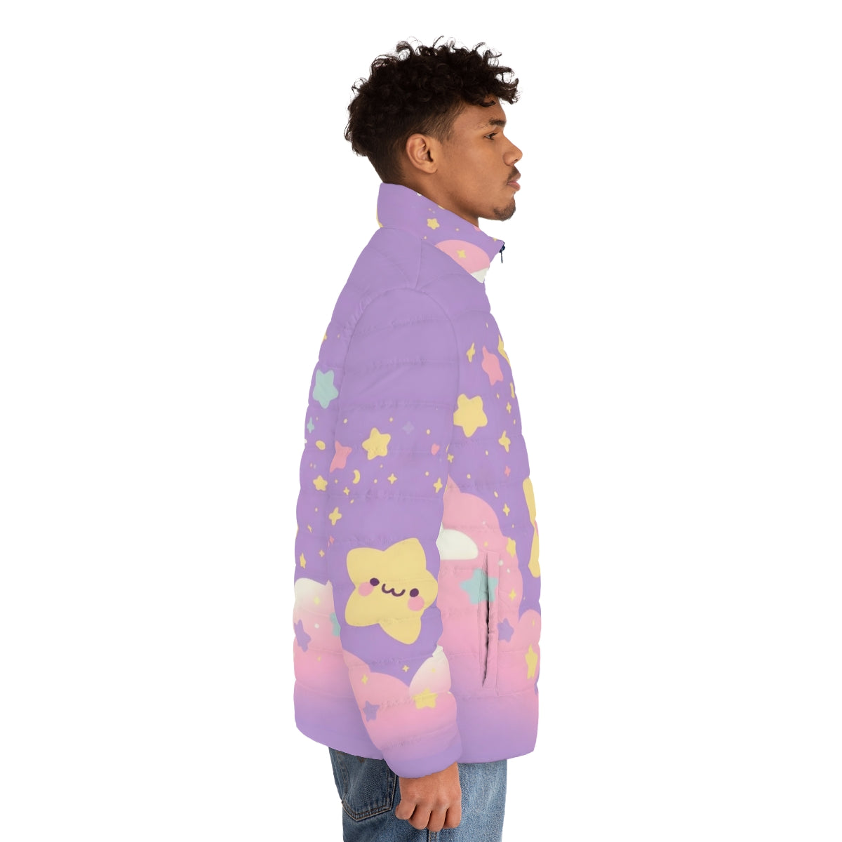 Puffer jacket with a galaxy star print design in shades of purple and blue - men side right