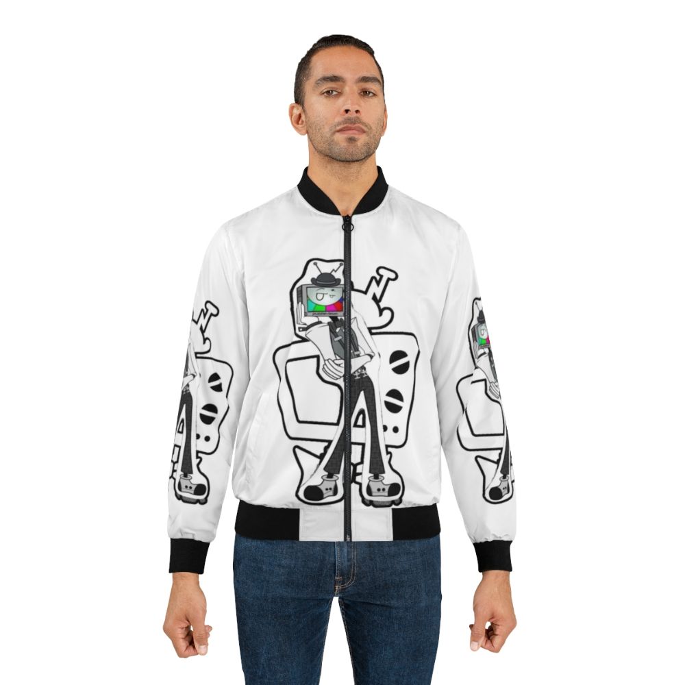 Puzzlevision-inspired bomber jacket featuring the character Mr. Puzzles from the popular SMG4 YouTube series. - Lifestyle