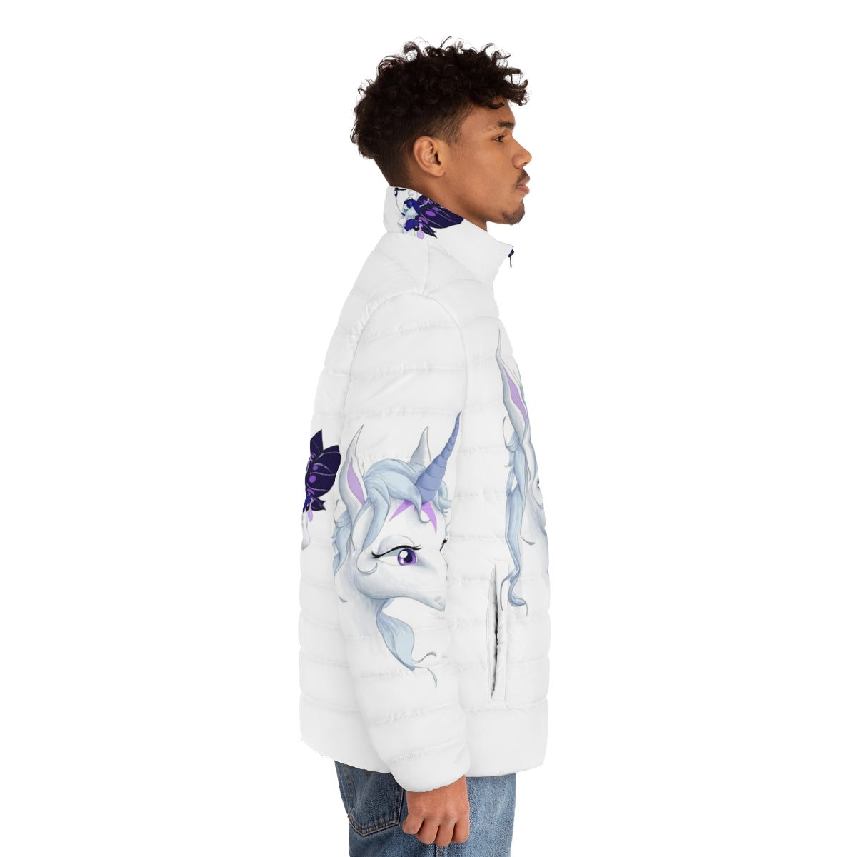 A puffer jacket featuring an illustration of the iconic The Last Unicorn character - men side right