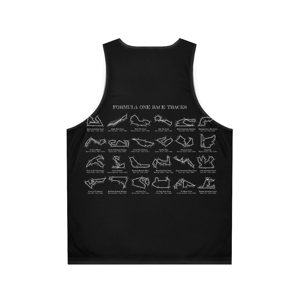 F1 racing tracks stencil design on a white unisex tank top - Back