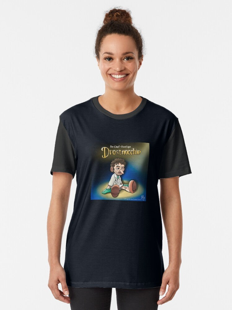 Graphic t-shirt design featuring a cartoon virologist character and the text "Drostnocchio - The chief viral lie" - Women