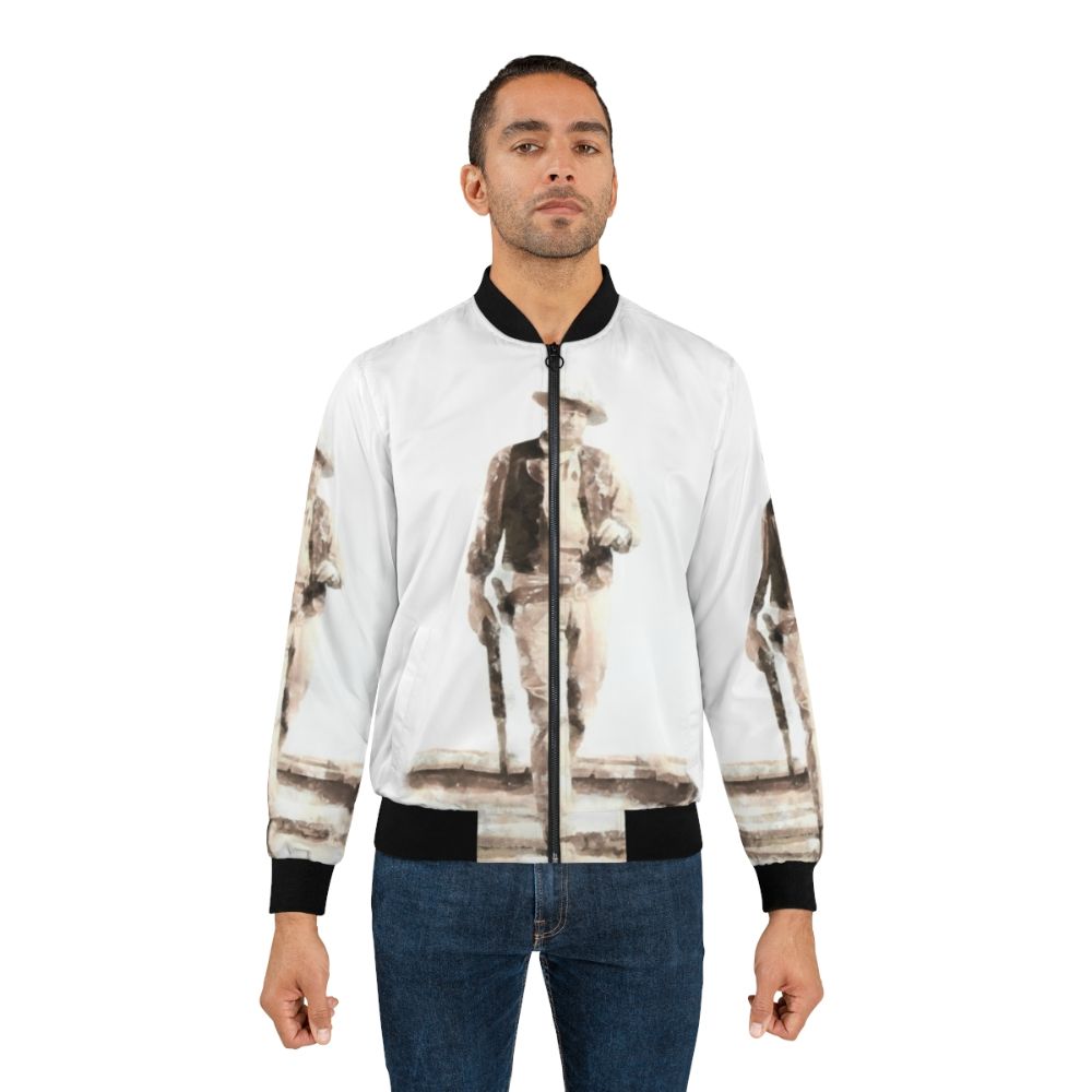 A watercolor-style illustration of a classic John Wayne bomber jacket, featuring the iconic "The Duke" nickname and Western/Americana imagery. - Lifestyle