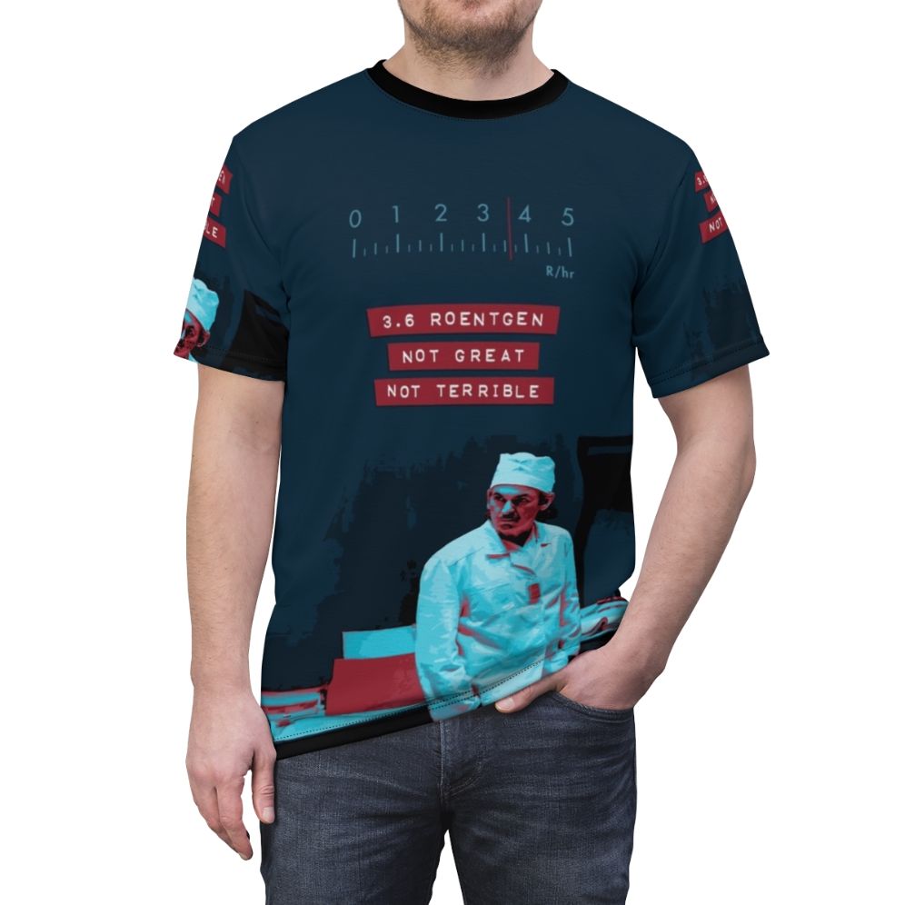 Chernobyl-inspired "3.6 Roentgen" AOP T-shirt featuring Reactor 4 and Dyatlov references - men front