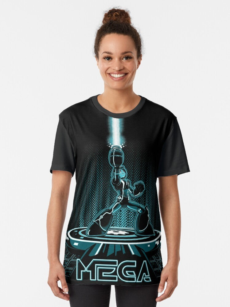 Retro Mega Man x Tron graphic t-shirt with a mashup design of classic video game and 80s movie characters - Women