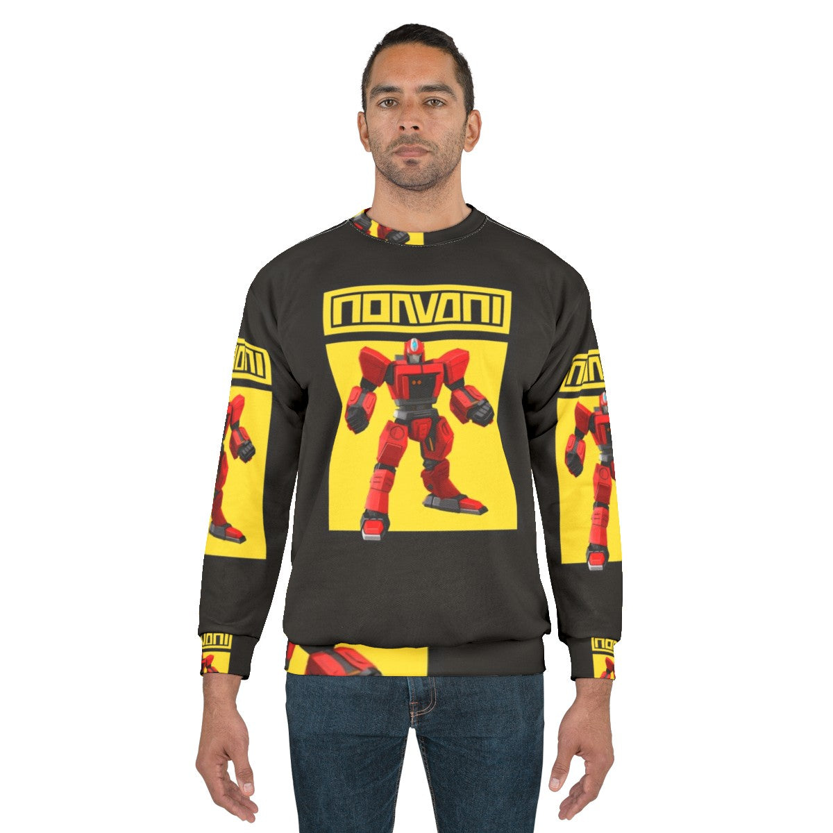 Stylish robot hero yellow sweatshirt with gaming and Animal Crossing inspired design - men