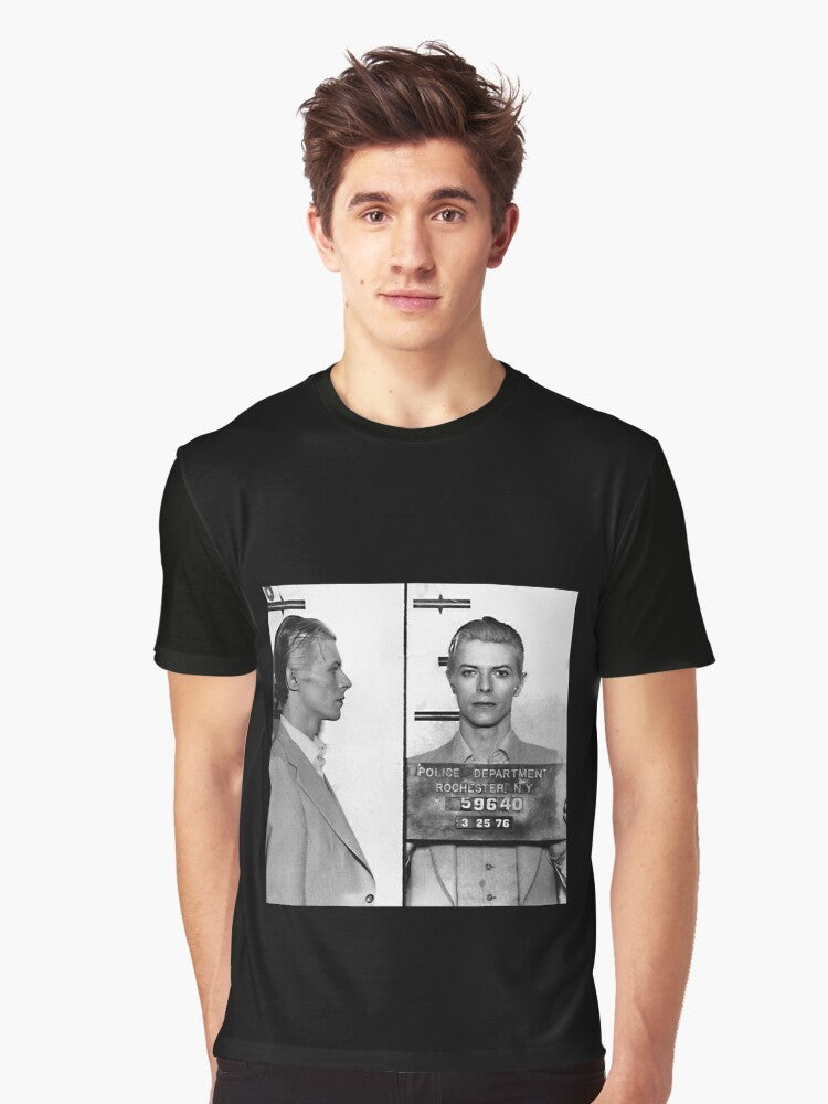 Vintage graphic t-shirt featuring the iconic 1976 mugshot of music legend David Bowie - Men