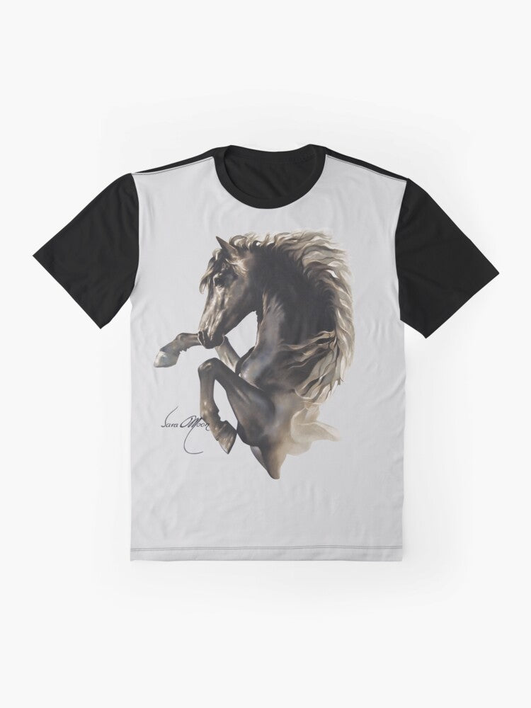 A powerful black horse rearing up in a graphic design on a black t-shirt - Flat lay