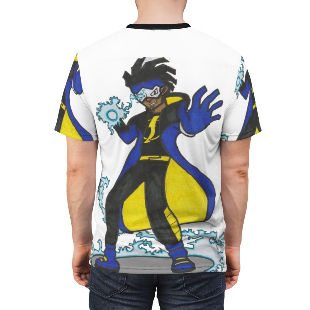 Stylized Static Shock inspired t-shirt design featuring a pop art style black superhero character - men back