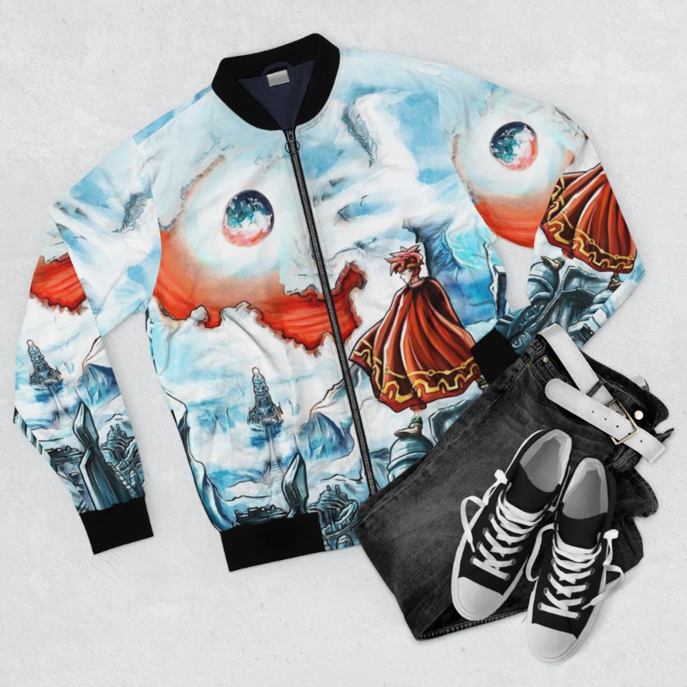 Terranigma inspired retro bomber jacket with video game motifs - Flat lay