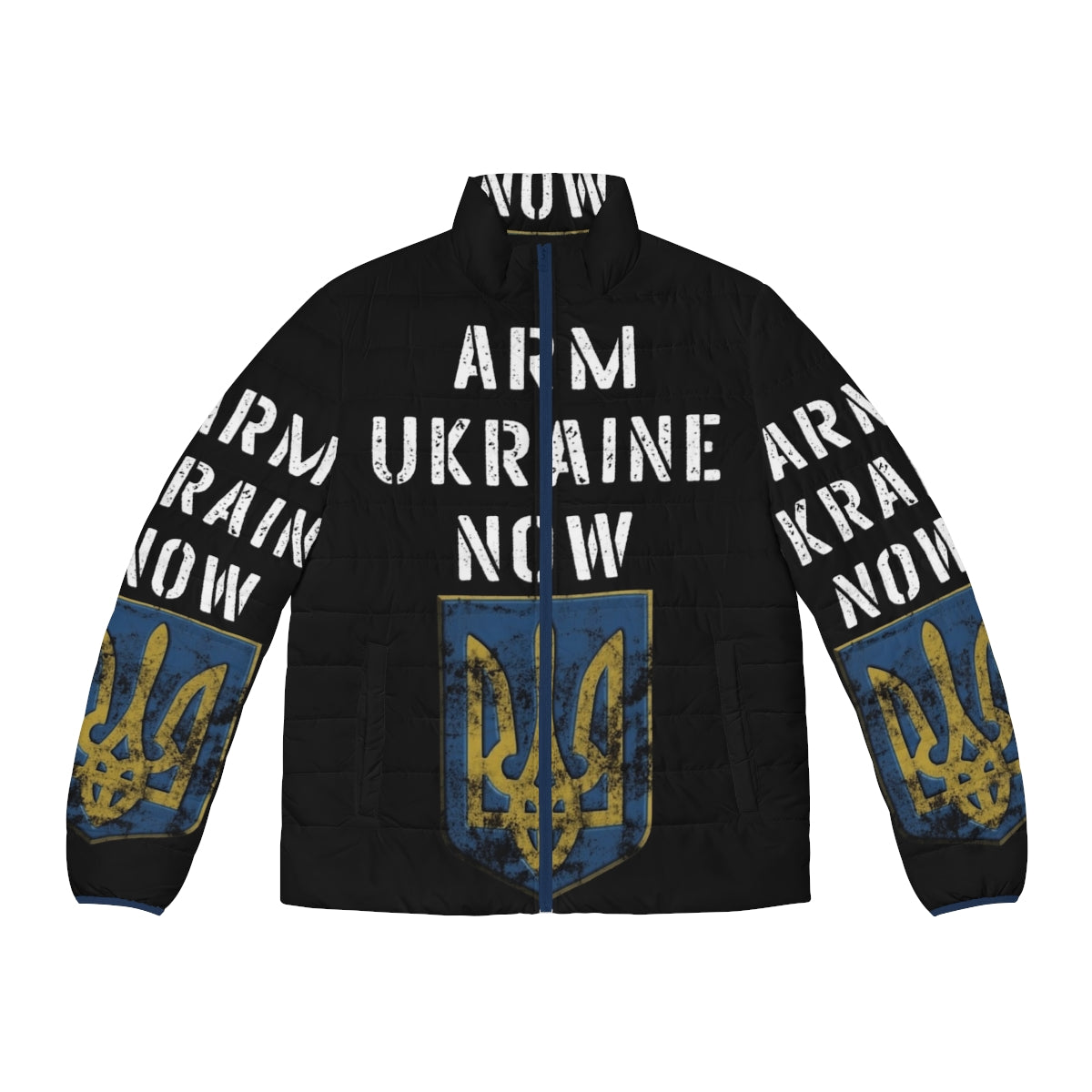 Ukrainian flag puffer jacket supporting Ukraine against Russian invasion