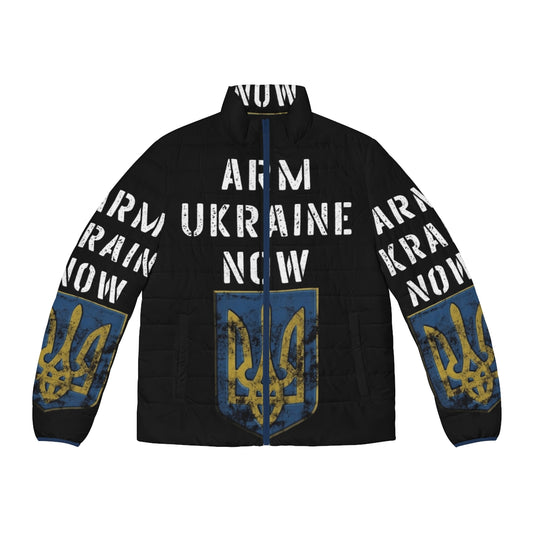 Ukrainian flag puffer jacket supporting Ukraine against Russian invasion