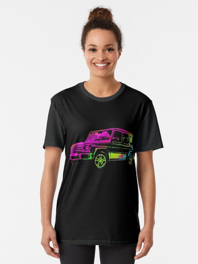 Graphic t-shirt featuring a vibrant, abstract and psychedelic design of a G-Wagon off-road luxury SUV. - Women