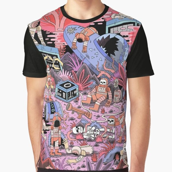 Chaos Graphic T-Shirt featuring a sci-fi space supernatural design with an astronaut, skull, and other elements.