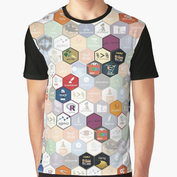 R-Statistics graphic t-shirt featuring small hexagons, ideal for data scientists and R programmers