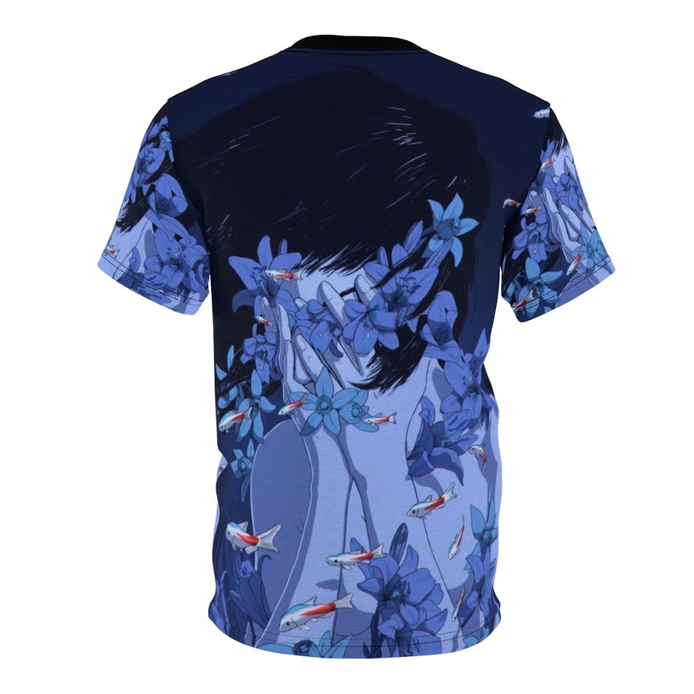 Anime-style graphic t-shirt featuring "Perfect Blue" inspired artwork with fish, flowers, and water elements. - Back