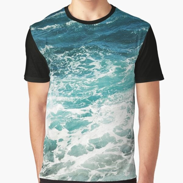 Blue and white abstract ocean waves graphic t-shirt