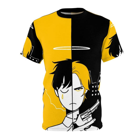 Banana Fish inspired all-over-print custom graphic t-shirt featuring characters Ash Lynx and Eiji Okumura