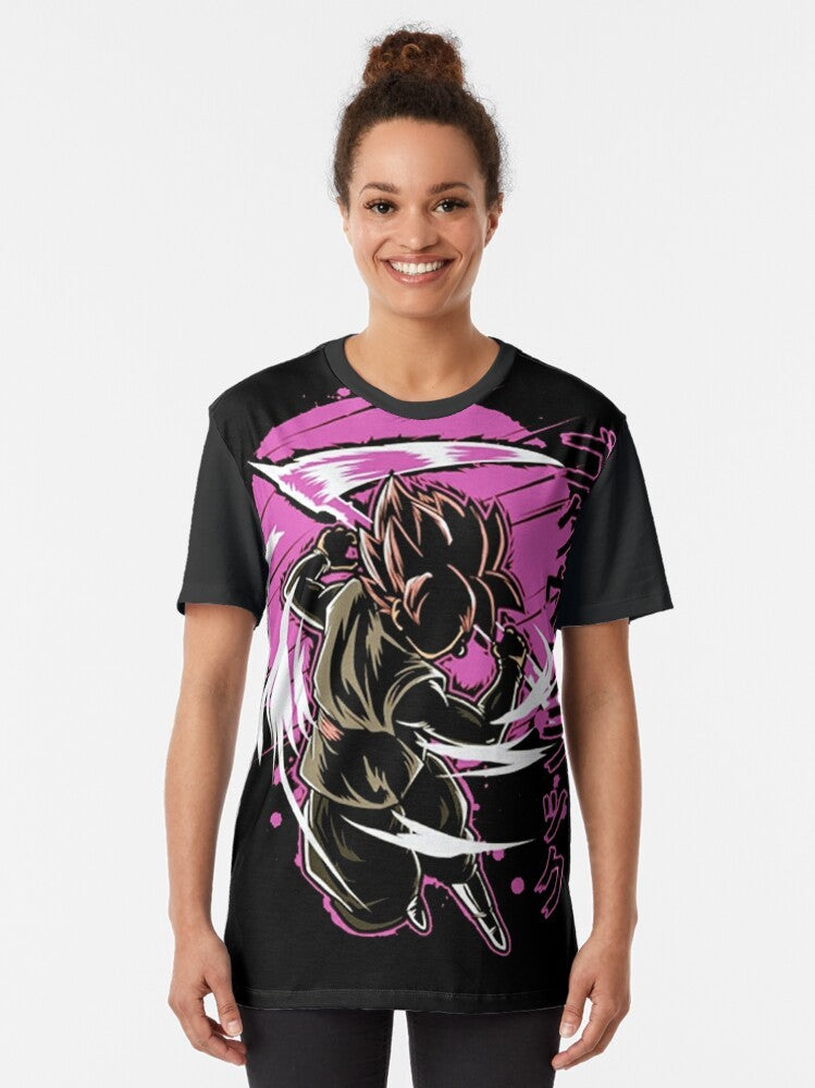 A black and pink graphic t-shirt featuring Goku Black, the villain from Dragon Ball Super. - Women