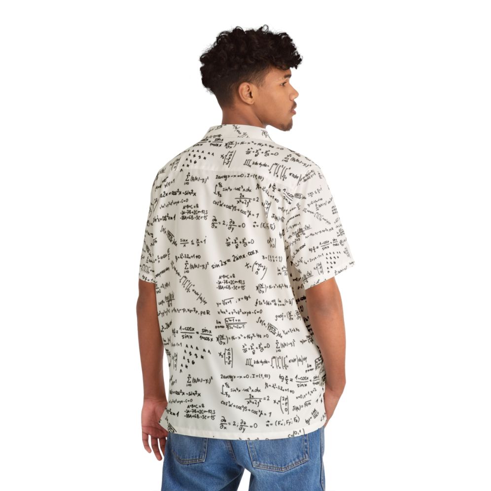 Math formulas and numbers printed on a colorful Hawaiian-style shirt - People Back