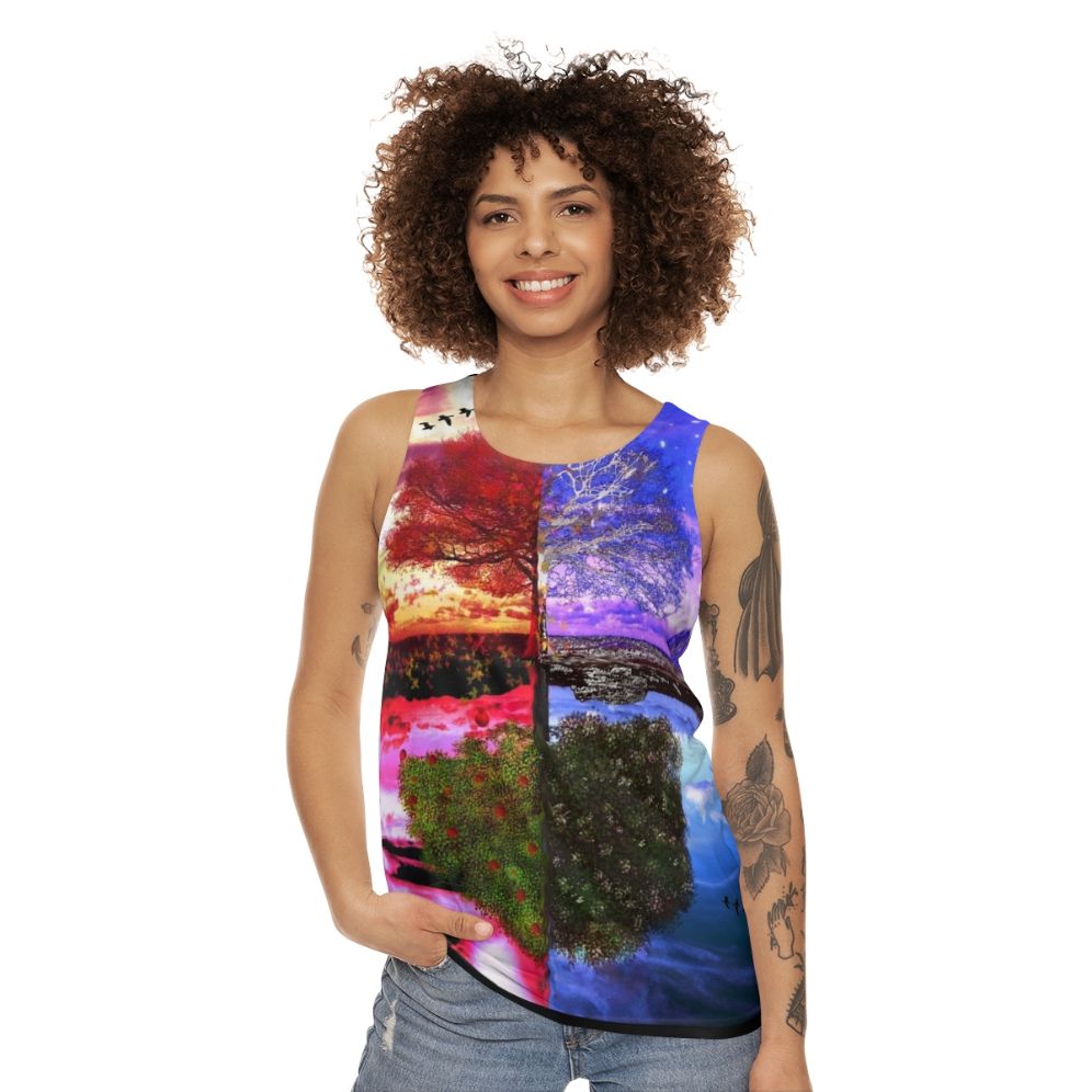 Four seasons tree reflection unisex tank top - women