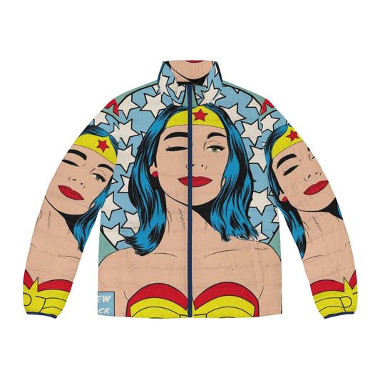 Stylish puffer jacket featuring a portrait of singer PJ Harvey in a superhero-inspired design