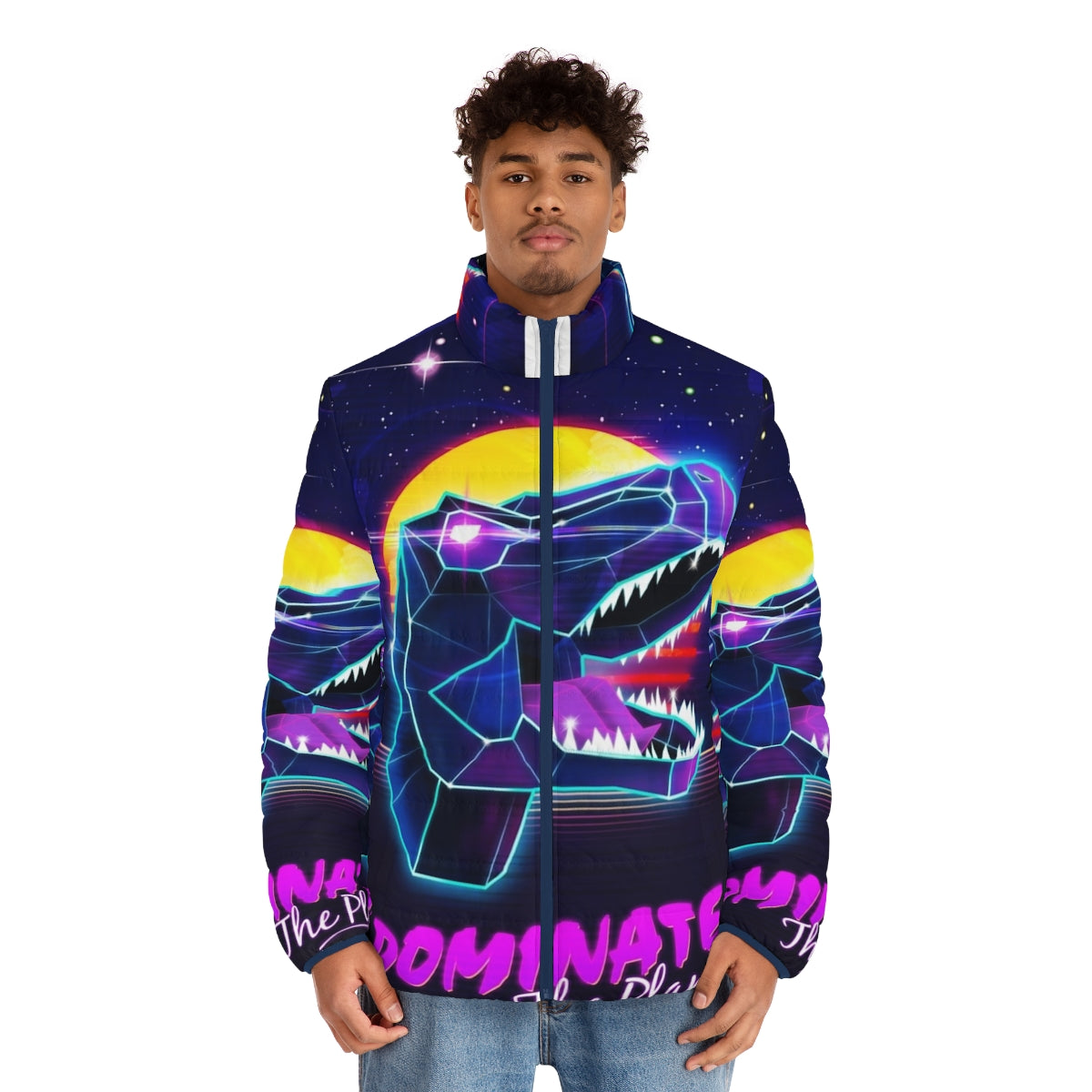 Electric Jurassic Rex Puffer Jacket with Retro Cyberpunk Aesthetic - men front