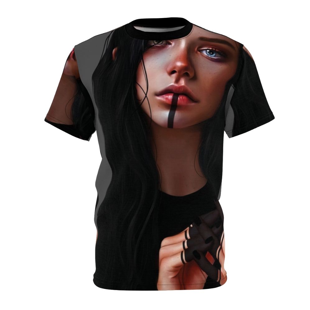 A stylized and abstract digital art portrait of a woman on a colorful t-shirt design.