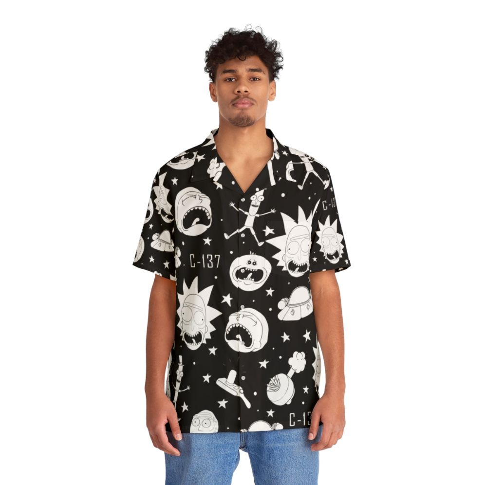 Rick and Morty Black and White Pattern Hawaiian Shirt - People Front