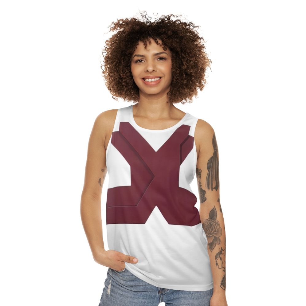 Unisex tank top featuring Thomas Downing's abstract art with optical illusion and vibrant colors - women