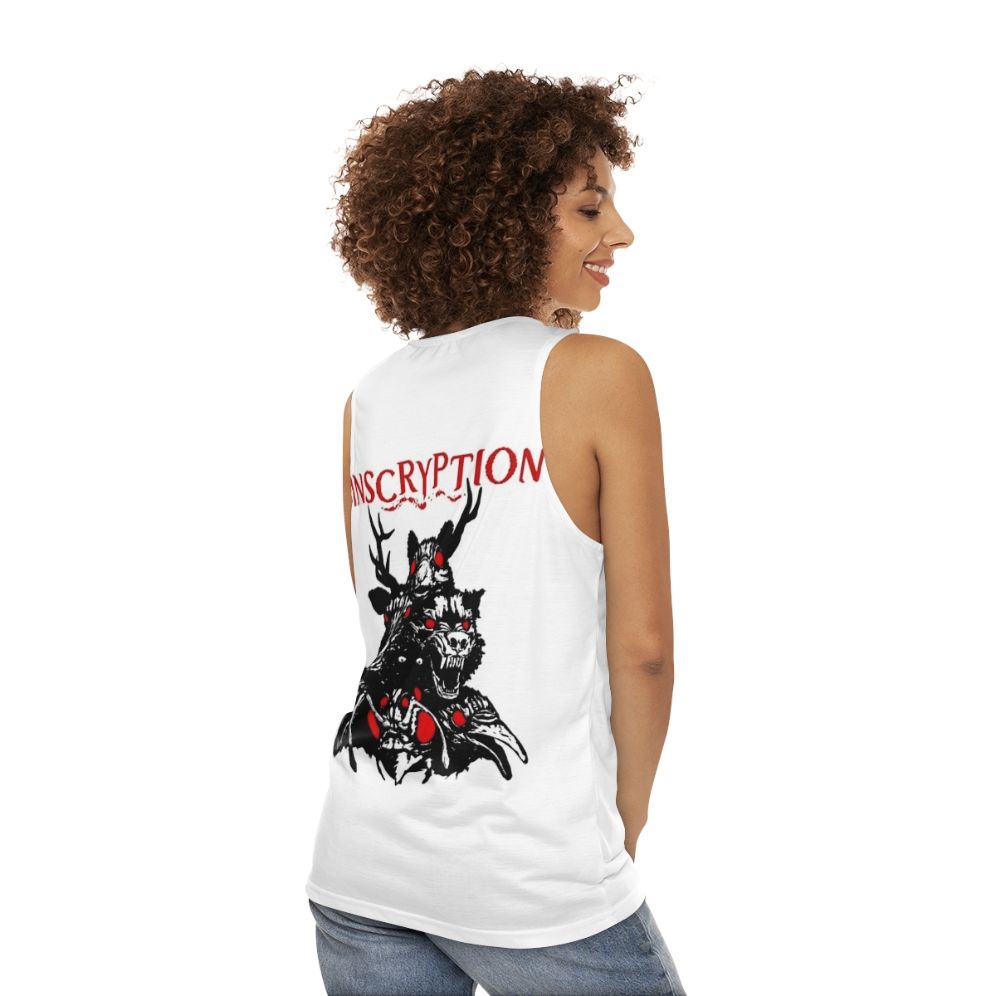 Unisex tank top with totems and inscryption encryption logo design - women back