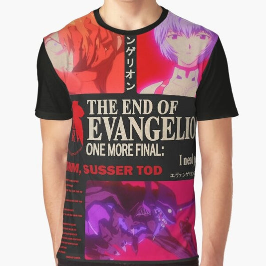 Neon Genesis Evangelion graphic t-shirt design featuring iconic characters and mecha