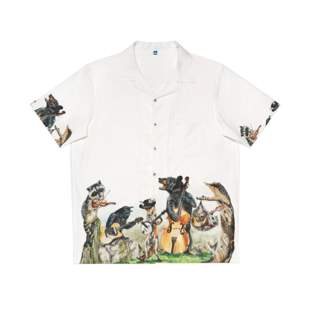 Bluegrass Gang Wildlife Hawaiian Shirt featuring a watercolor mountain landscape with animals