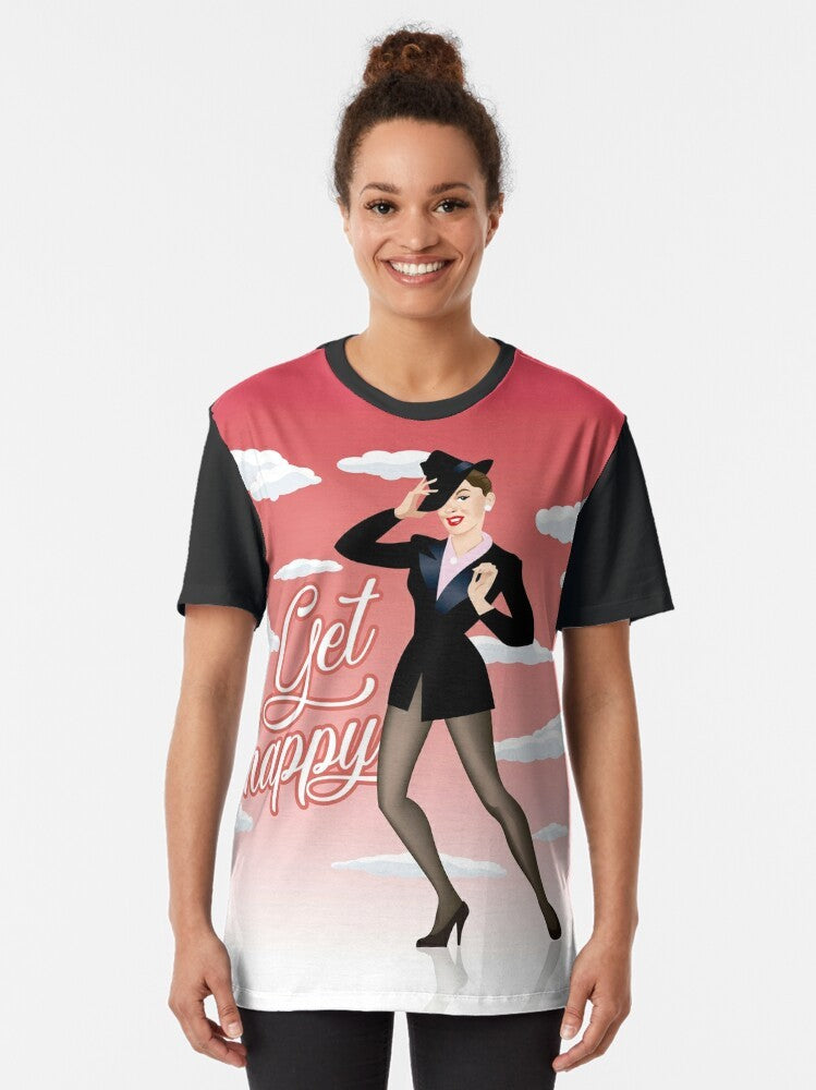 "Get Happy" graphic t-shirt with a vibrant design featuring a happy, musical icon. - Women