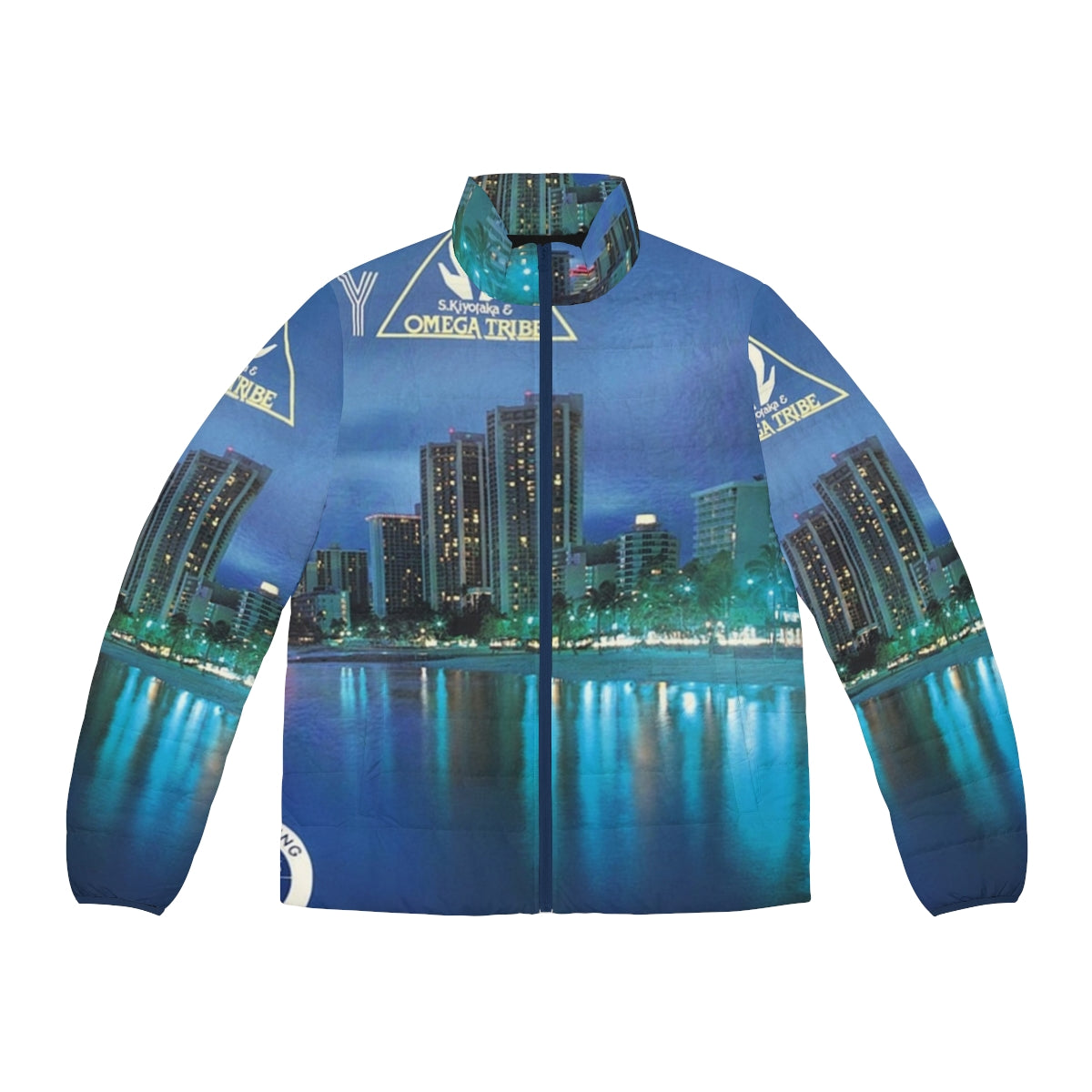 Retro 1980s puffer jacket featuring the album cover art of S Kiyotaka's Omega Tribe Aqua City 1983