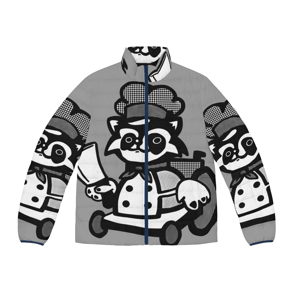 Overcooked Raccoon Puffer Jacket with Retro Comic Graphic