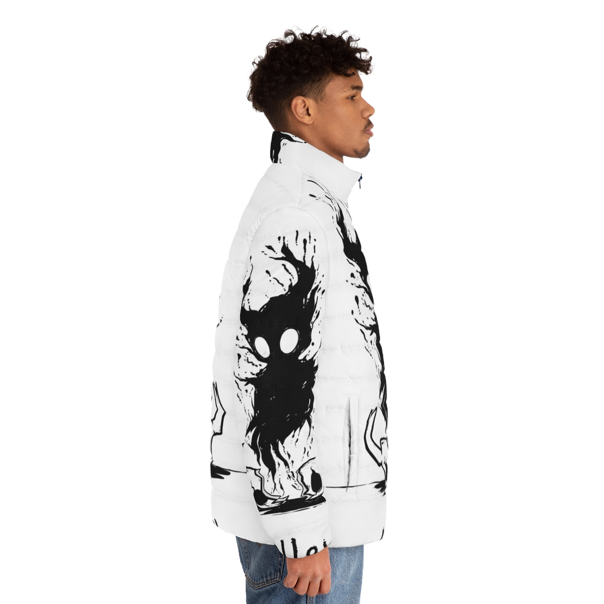 Hollow Knight inspired puffer jacket featuring the game's iconic hollow design - men side right