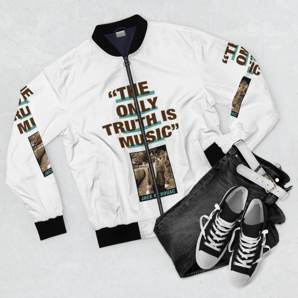 "The Only Truth Is Music" Jack Kerouac Quote Printed Bomber Jacket - Flat lay