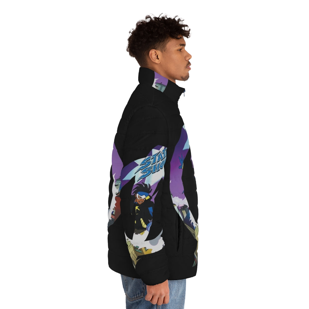 Static Shock Puffer Jacket with Lightning Bolt Design - men side right