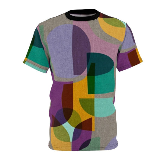 Multicolored abstract kaleidoscope design on a mid century-inspired t-shirt