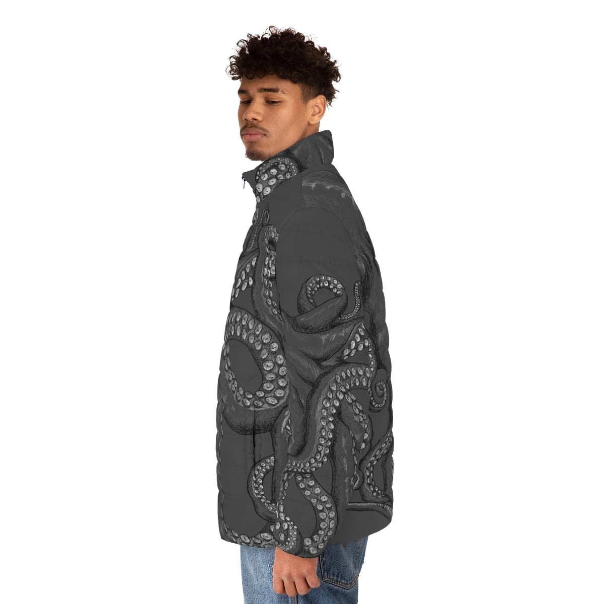 Realistic octopus two-tone puffer jacket featuring intricate line art and ink design - men side left