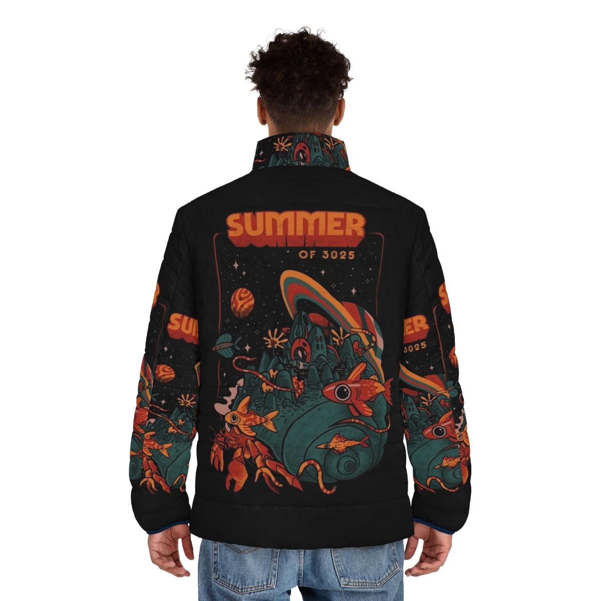 Retro futuristic puffer jacket with cosmic, intergalactic, and aquatic design elements - men back