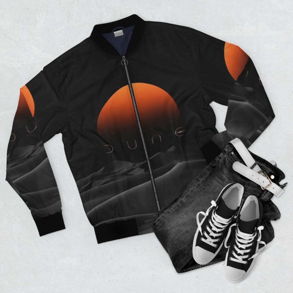 Dune Sunset Bomber Jacket with orange and black design - Flat lay