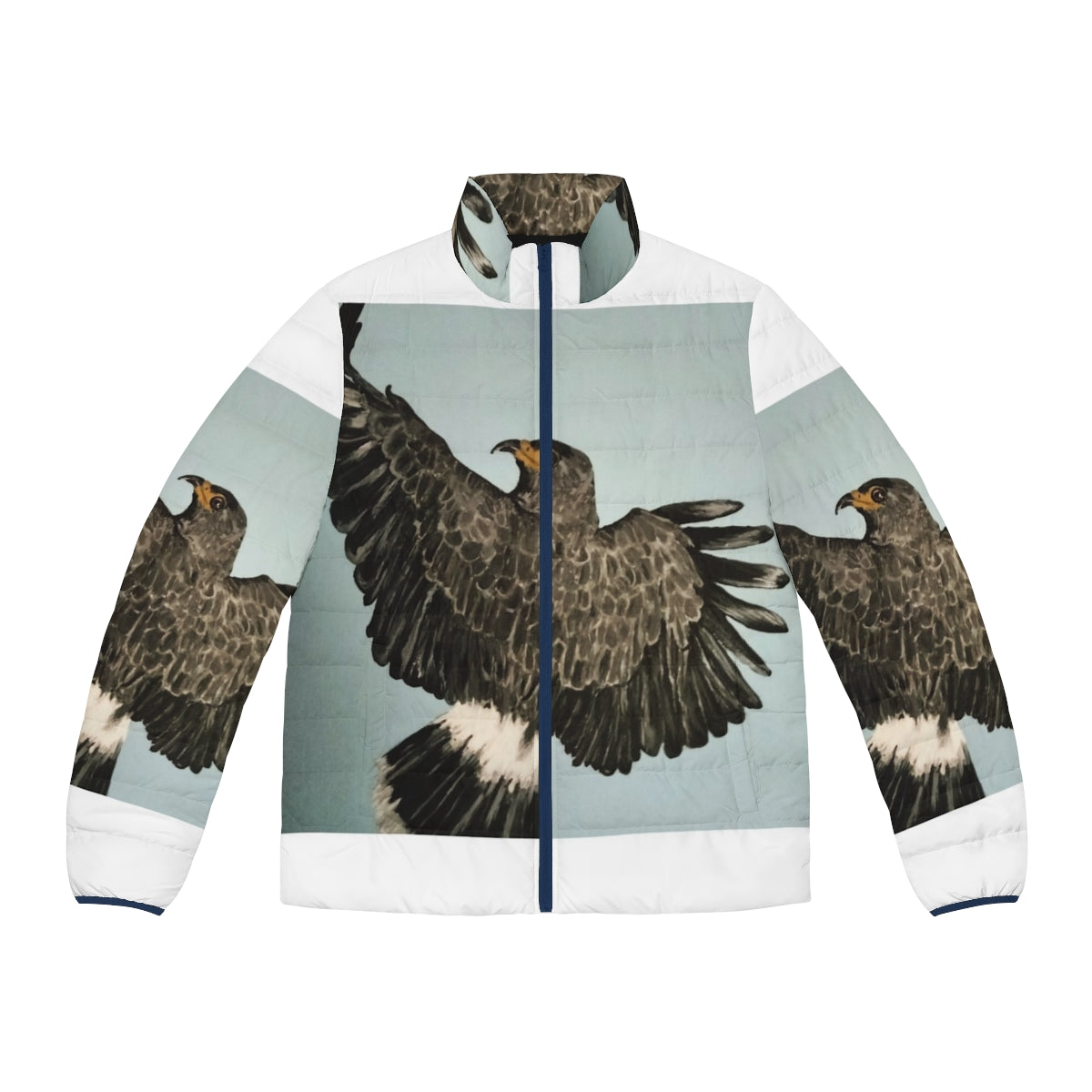 A stylish puffer jacket featuring a hawk or bird of prey design, perfect for outdoor enthusiasts and nature lovers.