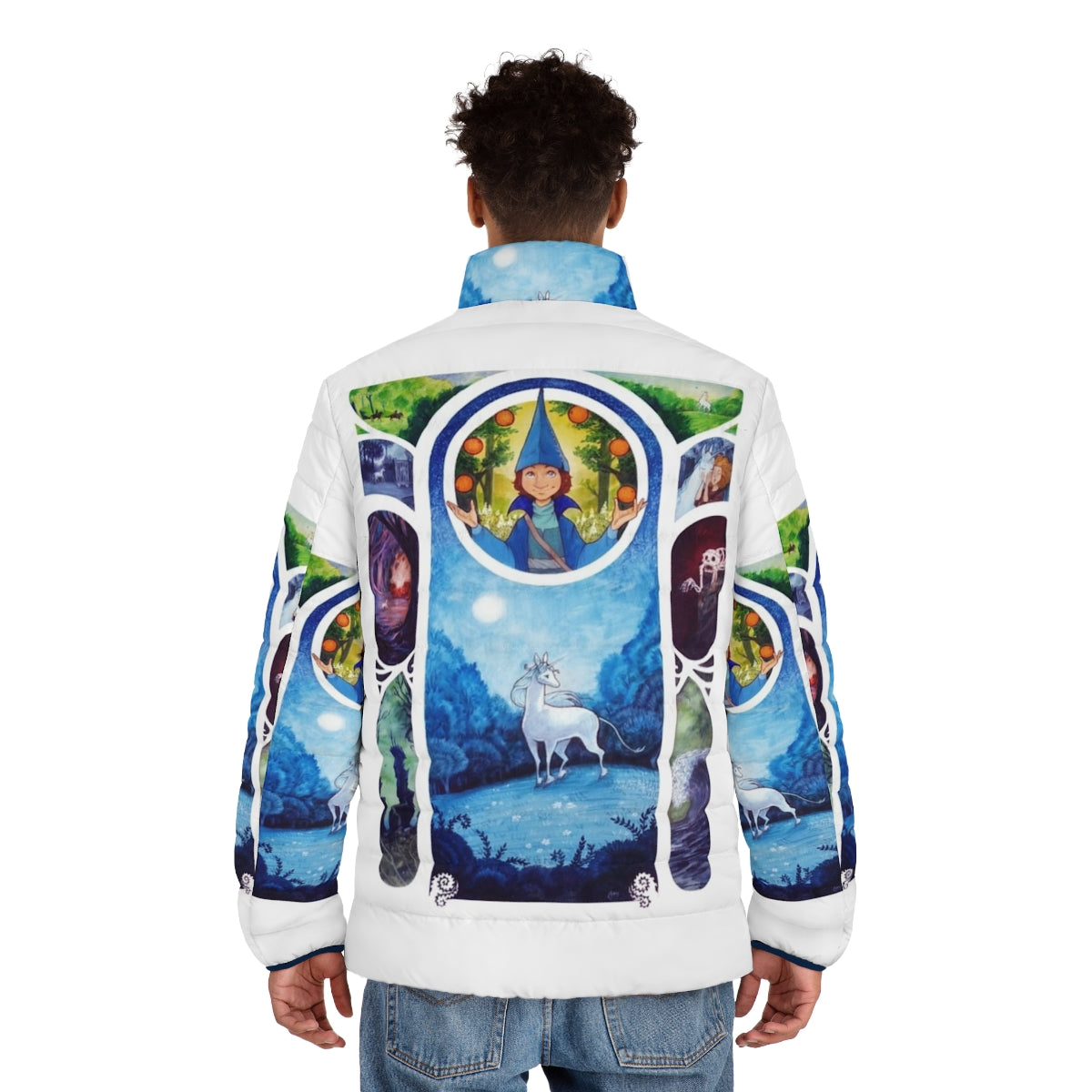 Colorful puffer jacket featuring a magical unicorn and art nouveau design - men back