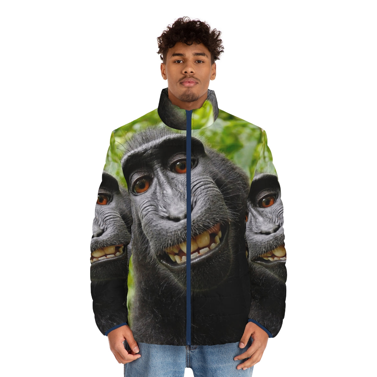 A cozy puffer jacket with a playful monkey design, perfect for outdoor adventures. - men front