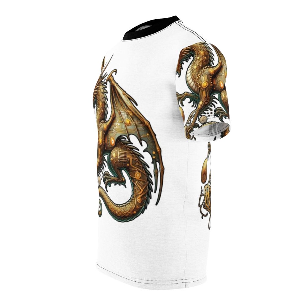 T-shirt featuring a dragon design with Bitcoin, cryptocurrency, and blockchain symbols. - men left